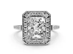 Radiant Cut Diamond Halo Ring Set in White gold with Accent-Lined Split Shank and Prong Setting