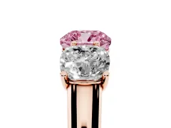 Fancy Pink Cushion Cut Diamond Three-Stone Ring Set in Rose gold with Plain Polished Band