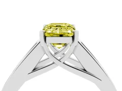Fancy Yellow Emerald Cut Diamond Solitaire Ring Set in Platinum with Channel-Set Accent Stones and Prong Setting