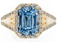 Fancy Blue Emerald Cut Diamond Halo Split Shank Pavé Ring Set in Yellow gold with Prong Setting