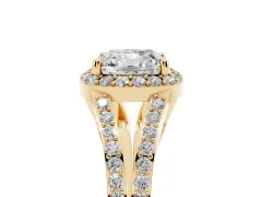 Cushion Cut Diamond Halo Split Shank Pavé Ring Set in Yellow gold with Prong Setting