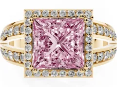 Fancy Pink Princess Cut Diamond Halo Ring Set in Yellow gold with Double Pavé Split Shank