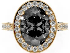 Fancy Black Oval Cut Diamond Halo Engagement Ring Set in Yellow gold with Accent Split Shank Band