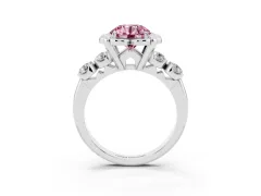Fancy Pink Round Cut Diamond Floral Halo Ring Set in White gold with Shared Prong Band