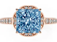 Fancy Blue Princess Cut Diamond Halo Ring Set in Rose gold with Channel Set Band and Prong Setting