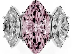 Fancy Pink Marquise Cut Diamond Three-Stone Ring Set in Platinum with Pavé Band