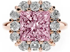 Fancy Pink Princess Cut Diamond Halo Cluster Engagement Ring Set in Rose gold with Polished Band and Prong Setting