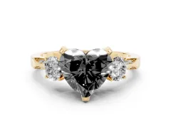 Fancy Black Heart Cut Diamond Three-Stone Ring Set in Yellow gold with Pavé Band and Smaller Side Stones