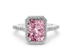 Fancy Pink Radiant Cut Diamond Halo Engagement Ring Set in Platinum with Round Pavé Shoulders and Heart Gallery