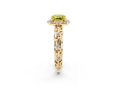 Fancy Yellow Cushion Cut Diamond Halo Ring Set in Yellow gold with Filigree Leaf Band and Prong Setting