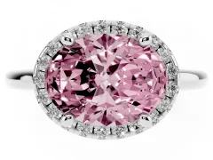 Fancy Pink Oval Cut Diamond Halo Engagement Ring Set in Silver with Pavé Band and Rising Shoulders
