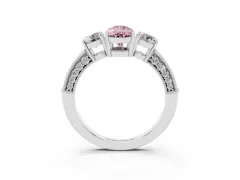 Fancy Pink Pear Cut Diamond Three-Stone Ring Set in Platinum with Round Side Stones and Pavé Band