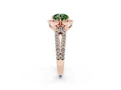 Fancy Green Round Cut Diamond Floral Halo Split Shank Engagement Ring Set in Rose gold with Pavé Shank