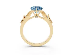 Fancy Blue Heart Cut Diamond Solitaire Ring Set in Yellow gold with Leaf Motif Band