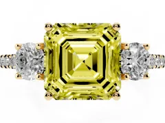 Fancy Yellow Asscher Cut Diamond Three-Stone Ring Set in Yellow gold with Pavé Band and Graduated Sides