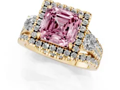 Fancy Pink Asscher Cut Diamond Halo Split Shank Ring Set in Yellow gold with Round Accent Stones and Prong Setting