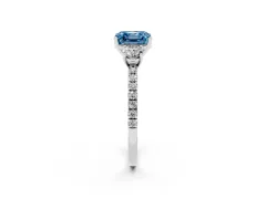 Fancy Blue Asscher Cut Diamond Three-Stone Ring Set in White gold with Pavé Band and Graduated Sides