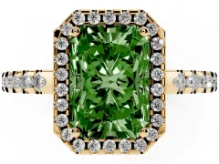 Fancy Green Radiant Cut Diamond Halo Ring Set in Yellow gold with Pavé Shoulders and Halo-Framed Center
