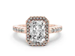 Radiant Cut Diamond Halo Ring Set in Rose gold with Pavé Shoulders and Halo-Framed Center