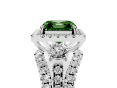 Fancy Green Asscher Cut Diamond Halo Split Shank Ring Set in White gold with Round Accent Stones and Prong Setting