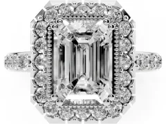 Emerald Cut Diamond Halo Ring Set in Silver with Pavé Shank and Prong Setting
