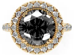 Fancy Black Round Cut Diamond Halo Ring Set in Yellow gold with Pavé Shank and Prong Setting