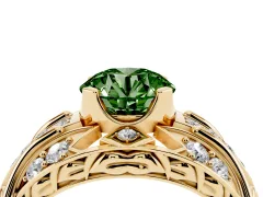Fancy Green Round Cut Diamond Art Deco Ring Set in Yellow gold with Pavé Split Shank