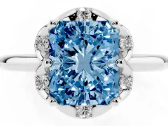 Fancy Blue Radiant Cut Diamond Round Cluster Halo Ring Set in Platinum with Solitaire Band and Prong Setting