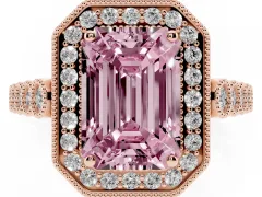 Fancy Pink Emerald Cut Diamond Milgrain Halo Solitaire Ring Set in Rose gold with Bezel Set Side Stones and Pavé Band