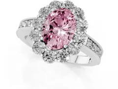 Fancy Pink Oval Cut Diamond Halo Pavé Engagement Ring Set in Platinum with Milgrain Detailing