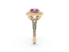 Fancy Pink Asscher Cut Diamond Double Halo Ring Set in Yellow gold with Pavé Band