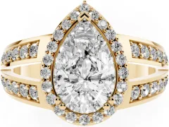 Pear Cut Diamond Halo Ring Set in Yellow gold with Double Pavé Split Shank