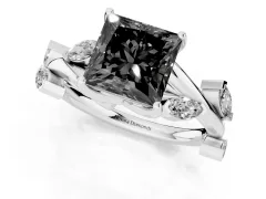 Fancy Black Princess Cut Diamond Solitaire Ring Set in White gold with Twisted Marquise Accent Band