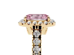 Fancy Pink Emerald Cut Diamond Halo Engagement Ring Set in Yellow gold with Pavé Band and Prong-Set Center