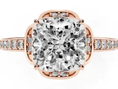 Cushion Cut Diamond Halo Ring Set in Rose gold with Channel Set Band and Prong Setting
