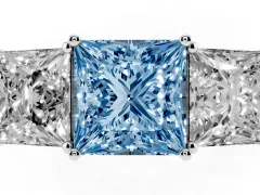 Fancy Blue Princess Cut Diamond Three-Stone Ring Set in Platinum with Textured Band
