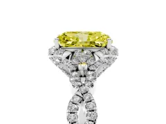Fancy Yellow Radiant Cut Diamond Halo Twist Band Solitaire Ring Set in Platinum with Prong-Set Center Stone