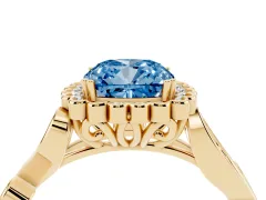 Fancy Blue Cushion Cut Diamond Halo Ring Set in Yellow gold with Leaf Motif Split Shank and Prong Setting
