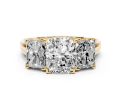 Radiant Cut Diamond Three-Stone Ring Set in Yellow gold with Channel-Set Band and Prong Settings
