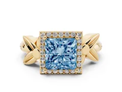 Fancy Blue Princess Cut Diamond Halo Floral Band Ring Set in Yellow gold with Prong Setting