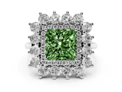 Fancy Green Princess Cut Diamond Floral Double Halo Ring Set in Silver with Round Petals