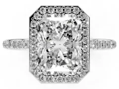 Radiant Cut Diamond Halo Engagement Ring Set in Silver with Round Pavé Shoulders and Heart Gallery