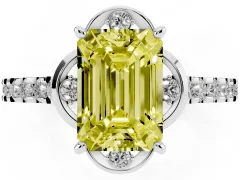 Fancy Yellow Emerald Cut Diamond Solitaire Ring Set in Platinum with Pavé Band and Floral Prong Setting