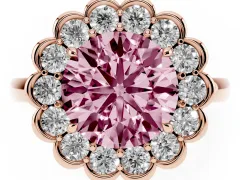 Fancy Pink Round Cut Diamond Halo Cluster Engagement Ring Set in Rose gold with Solitaire Band and Prong Setting