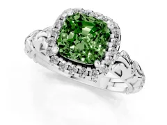 Fancy Green Cushion Cut Diamond Halo Ring Set in Silver with Filigree Leaf Band and Prong Setting