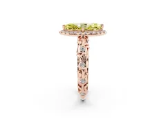 Fancy Yellow Marquise Cut Diamond Halo Ring Set in Rose gold with Filigree Leaf Band and Prong Setting