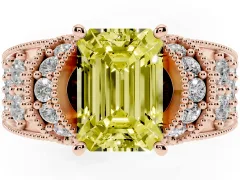 Fancy Yellow Emerald Cut Diamond Milgrain Halo Pavé Engagement Ring Set in Rose gold with Prong Setting