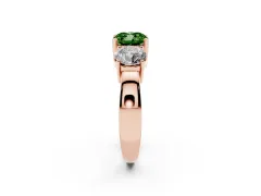 Fancy Green Cushion Cut Diamond Three-Stone Ring Set in Rose gold with Round Side Stones and Classic Band