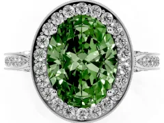 Fancy Green Oval Cut Diamond Halo Engagement Ring Set in White gold with Accent Split Shank Band