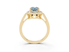 Fancy Blue Oval Cut Diamond Halo Ring Set in Yellow gold with Accent-Lined Split Shank and Prong Setting